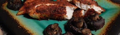 Oven baked blackened tilapia with roasted ol' thymey mushrooms.