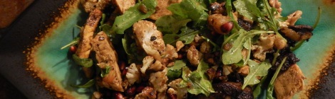 Roasted Cauliflower and Winter Squash Salad with Arugula and Pomegranate Seeds adapted from Cara's Cravings (added chicken, mushrooms)