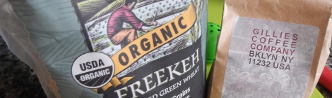 Organic Freekeh from Village Harvest; Tanzania Highland Peaberry coffee from Gillie's Coffee.